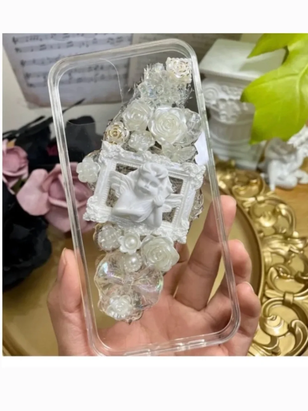 3 items.iPhone 13 Baroque butterfly and angel iPhone Case, Handmade case